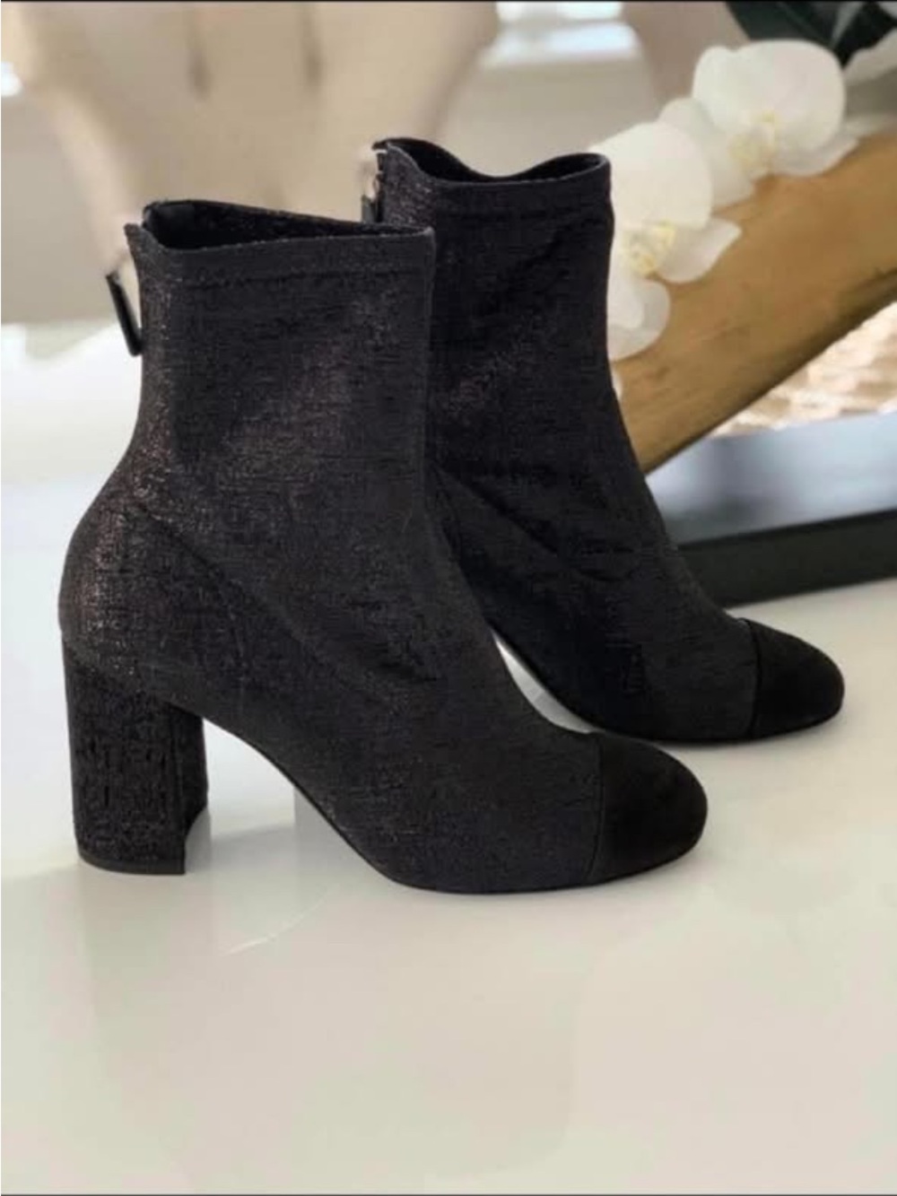 CHANEL Black Textured Cap-Toe Ankle Boots